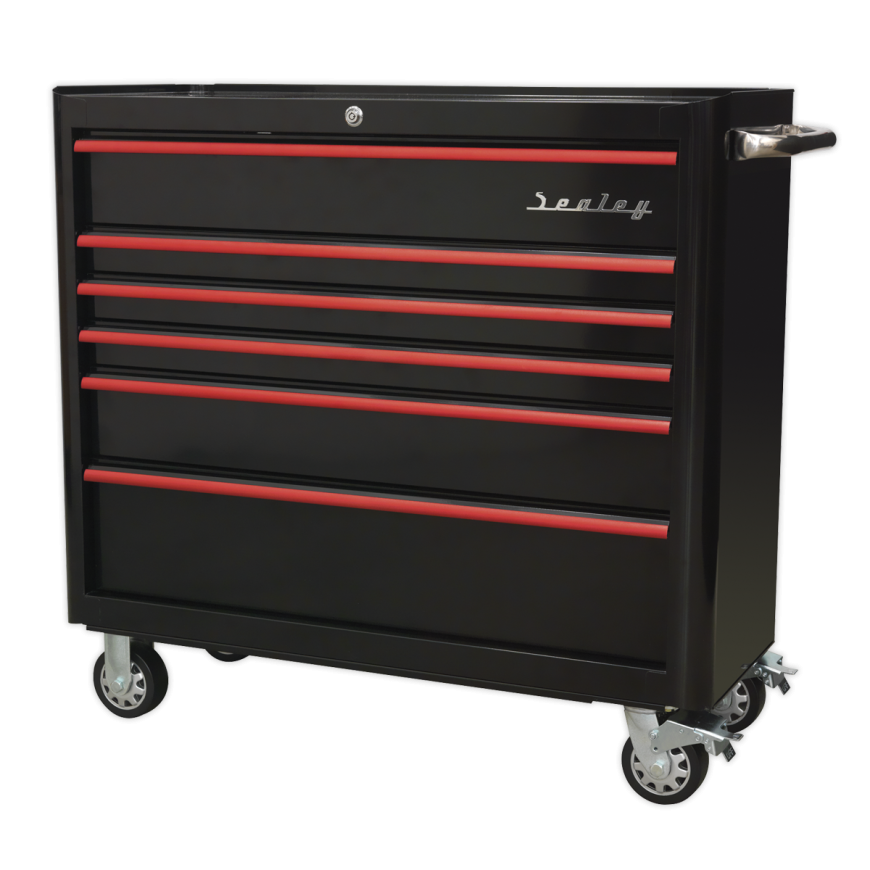 4 Drawer Wide Retro Style Topchest - Black with Red Anodised Drawer Pulls