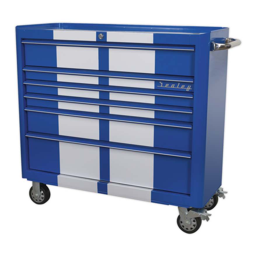 4 Drawer Wide Retro Style Topchest - Blue with White Stripes