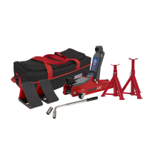 2 Tonne Low Entry Short Chassis Trolley Jack & Accessories Bag Combo - Red