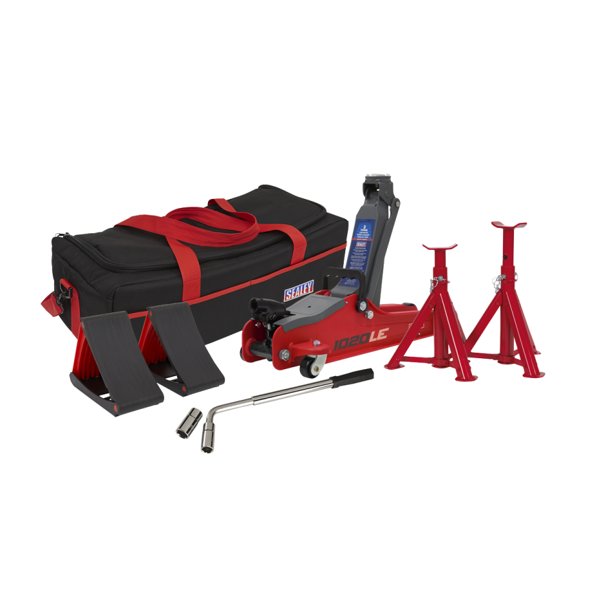 2 Tonne Low Entry Short Chassis Trolley Jack & Accessories Bag Combo - Red