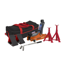 2 Tonne Low Entry Short Chassis Trolley Jack & Accessories Bag Combo - Orange