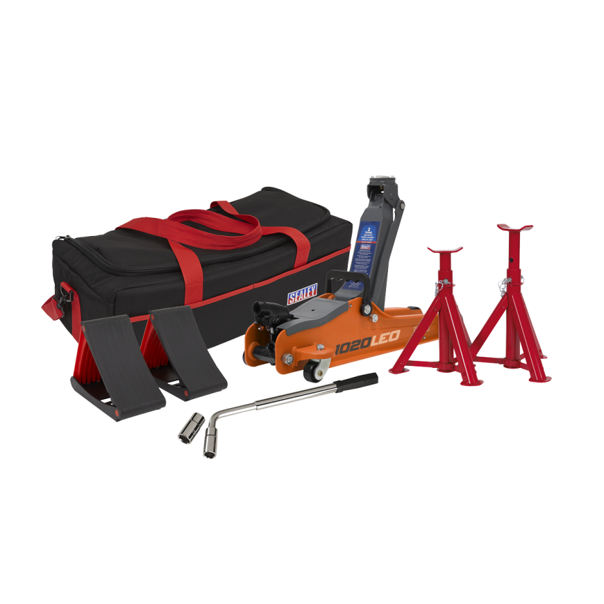 2 Tonne Low Entry Short Chassis Trolley Jack & Accessories Bag Combo - Orange