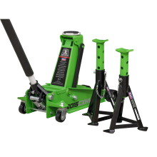 3 Tonne Trolley Jack with Super Rocket Lift & Axle Stands (Pair) - Hi-Vis Green