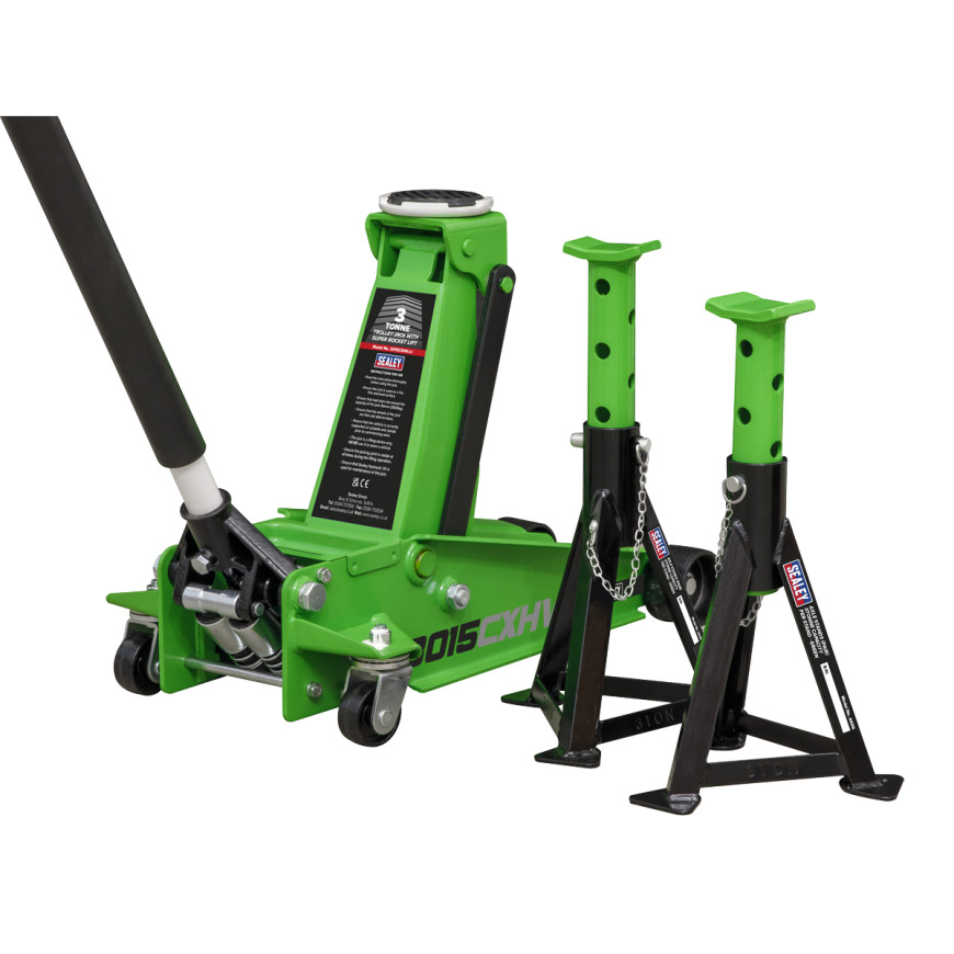 3 Tonne Trolley Jack with Super Rocket Lift & Axle Stands (Pair) - Hi-Vis Green