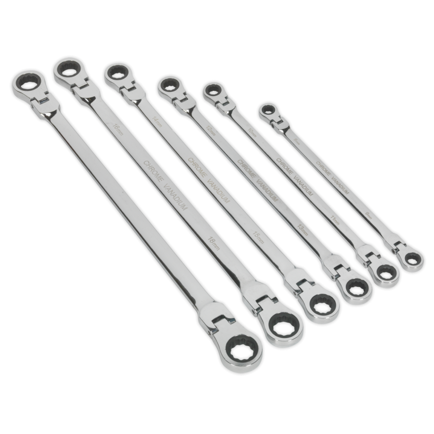 6pc Extra-Long Flexi-Head Double End Ratchet Ring Spanner Set