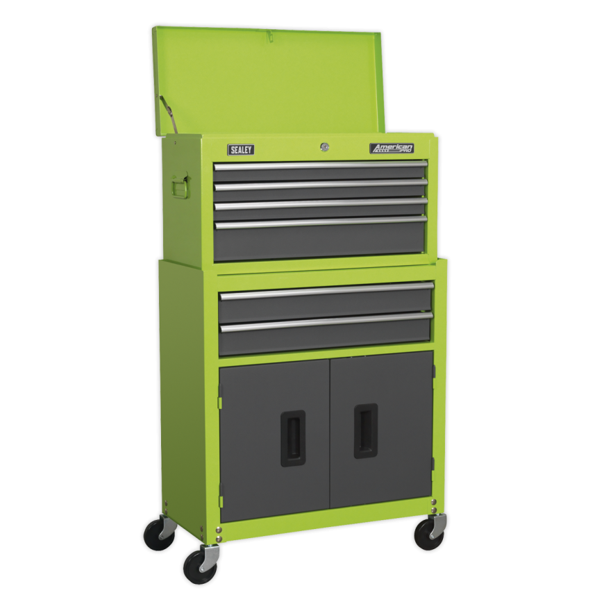 6 Drawer Topchest & Rollcab Combination with Ball-Bearing Slides - Hi-Vis Green/Grey