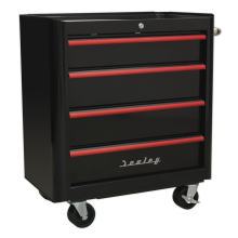 4 Drawer Retro Style Rollcab - Black with Red Anodised Drawer Pulls