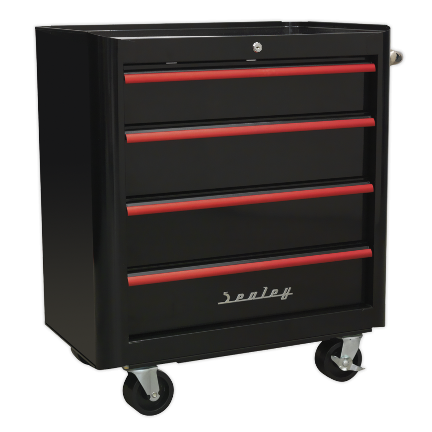 4 Drawer Retro Style Rollcab - Black with Red Anodised Drawer Pulls