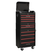 10 Drawer Retro Style Topchest, Mid-Box & Rollcab Combination - Black with Red Anodised Drawer Pulls