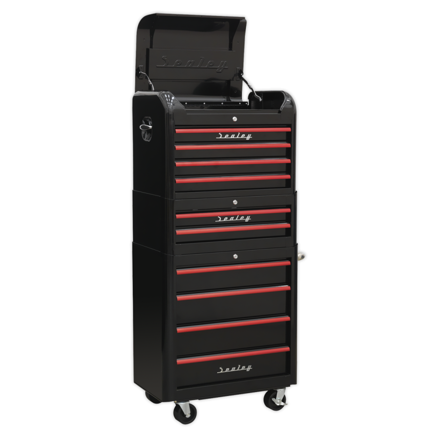 10 Drawer Retro Style Topchest, Mid-Box & Rollcab Combination - Black with Red Anodised Drawer Pulls