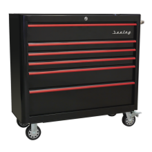 6 Drawer Wide Retro Style Rollcab - Black with Red Anodised Drawer Pulls