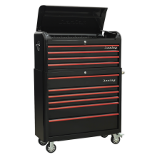 10 Drawer Retro Style Wide Topchest & Rollcab Combination - Black with Red Anodised Drawer Pull