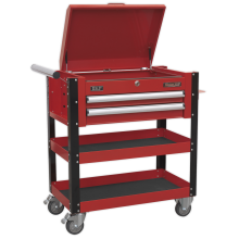 2 Drawer Heavy-Duty Mobile Tool & Parts Trolley with Lockable Top - Red