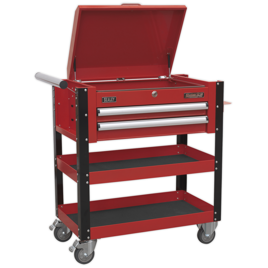 2 Drawer Heavy-Duty Mobile Tool & Parts Trolley with Lockable Top - Red