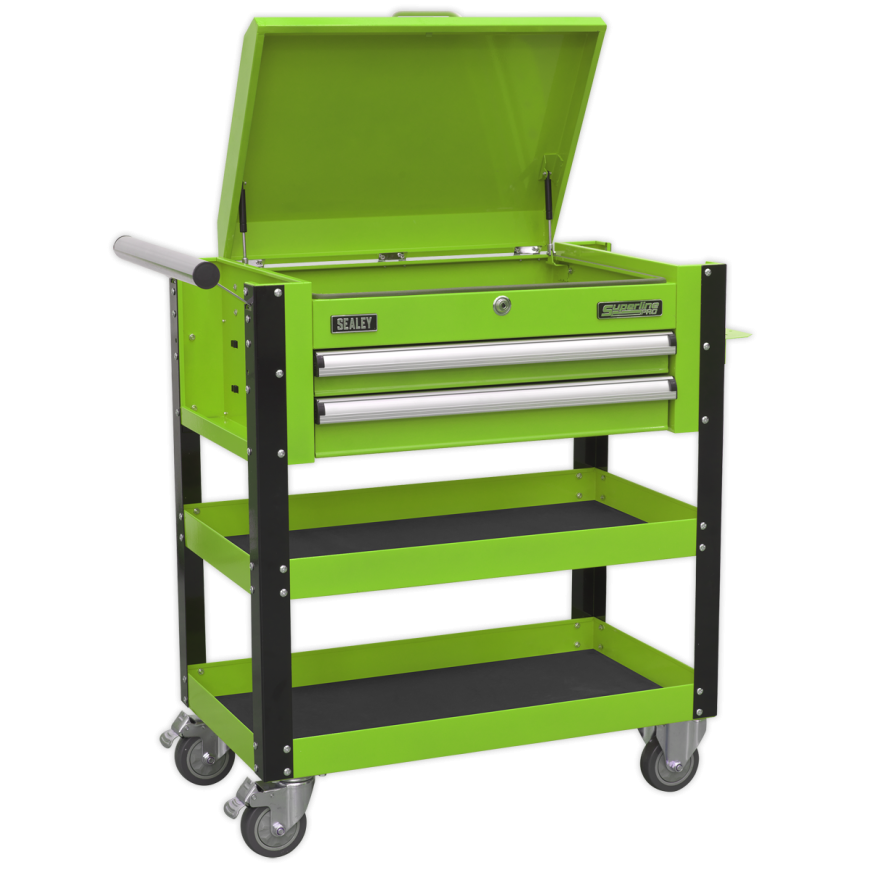 2 Drawer Heavy-Duty Mobile Tool & Parts Trolley with Lockable Top - Green