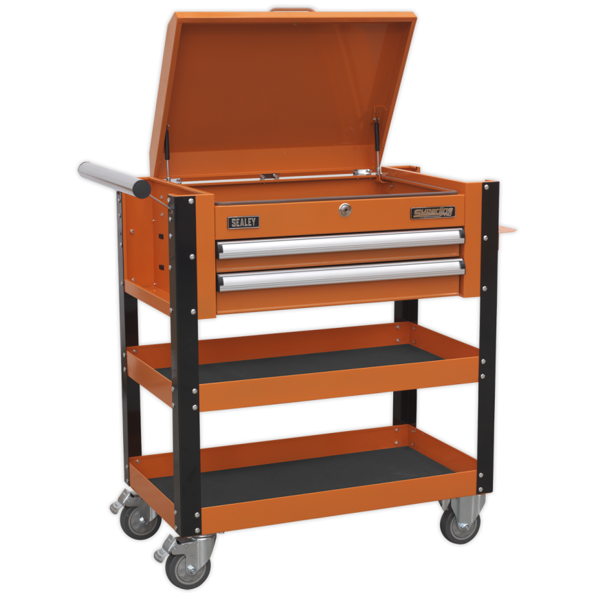 2 Drawer Heavy-Duty Mobile Tool & Parts Trolley with Lockable Top - Orange