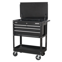 Heavy-Duty Mobile Tool & Parts Trolley with 4 Drawers & Lockable Top - Black