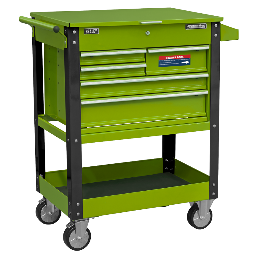 Heavy-Duty Mobile Tool & Parts Trolley with 5 Drawers and Lockable Top- Hi-Vis Green