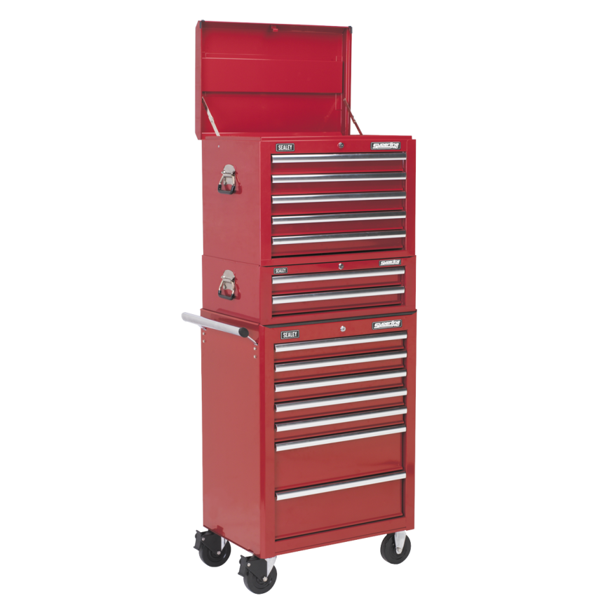 14 Drawer Topchest, Mid-Box & Rollcab Combination with Ball-Bearing Slides - Red