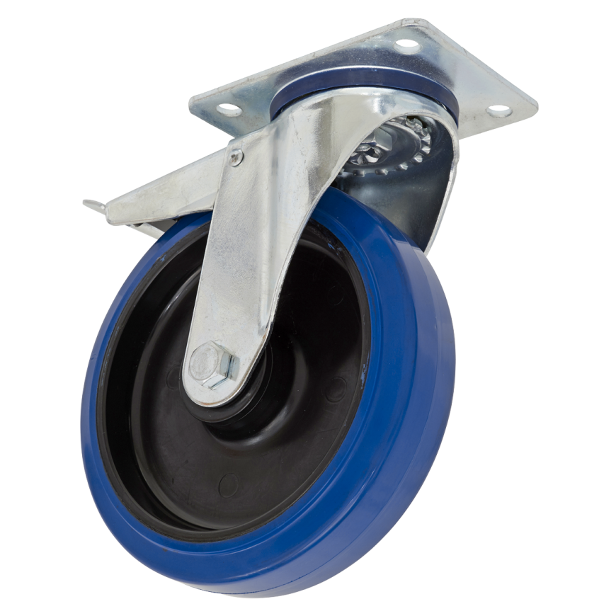 Ø160mm Heavy-Duty Blue Elastic Rubber Castor Wheel Swivel with Total Lock - Trade