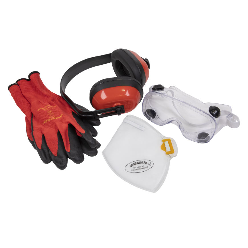 Flexi Grip Gloves, FFP2 Mask, Goggles & Ear Defenders