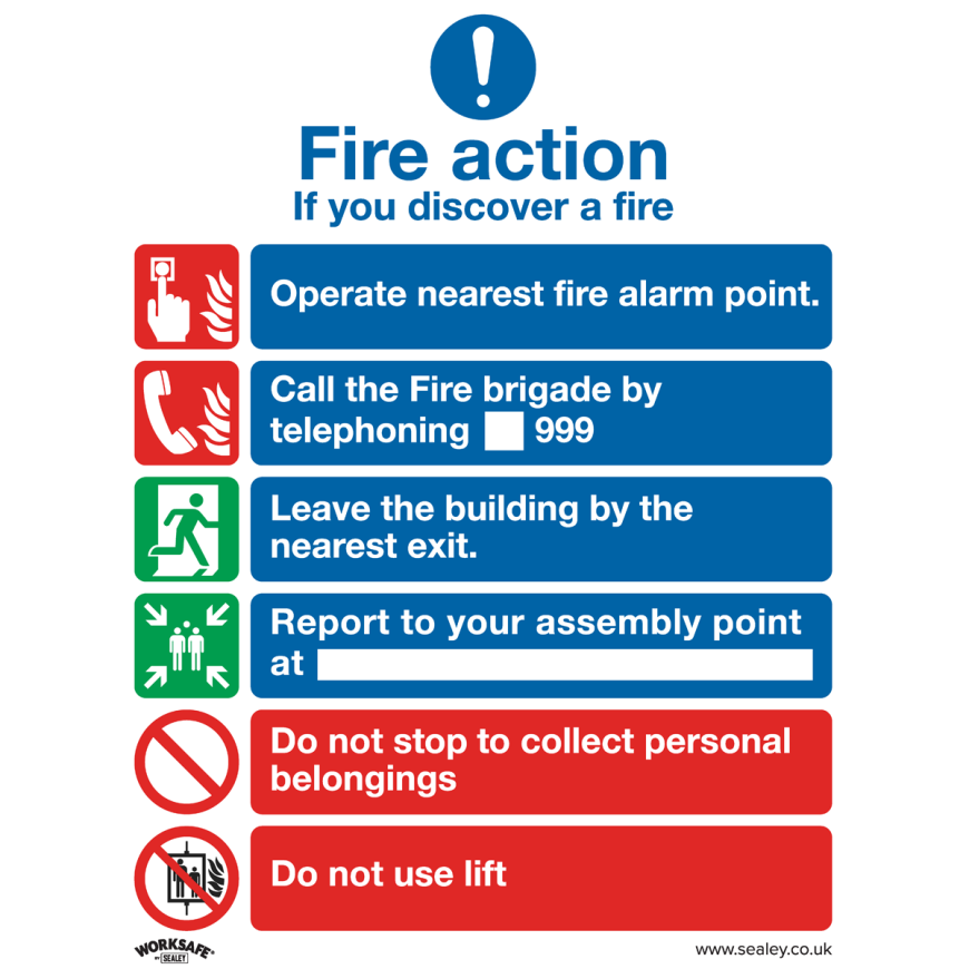 Fire Action With Lift - Safe Conditions Safety Sign - Self-Adhesive Vinyl - Pack of 10