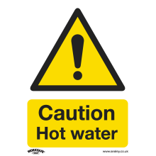 Caution Hot Water - Warning Safety Sign - Self-Adhesive Vinyl - Pack of 10