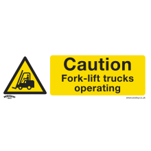 Caution Fork-Lift Trucks - Warning Safety Sign - Rigid Plastic - Pack of 10